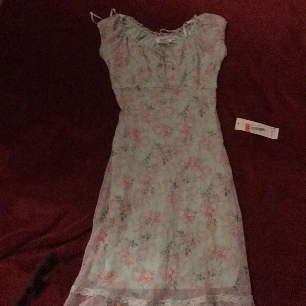 Floral, pink green peasant dress. New